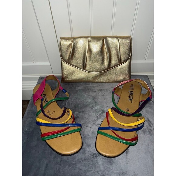 90s Rainbow sandals coasters size 9 & Vintage Gold Clutch - Picture 4 of 8